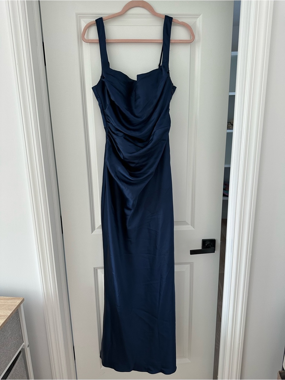 Navy Draped Satin Maxi Dress